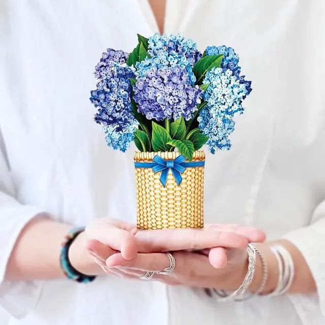 Main image of Freshcut Paper Pop Up Cards, Mini Nantucket Hydrangeas, 6 Inch Mini Sized Forever Flower Bouquet 3D Popup Greeting Cards, Birthday Cards, Thank You Card, Blank Notecard & Envelope