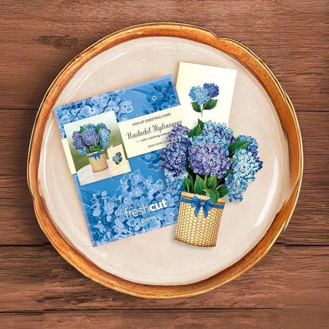 Alt view image 2 of 7 - Freshcut Paper Pop Up Cards, Mini Nantucket Hydrangeas, 6 Inch Mini Sized Forever Flower Bouquet 3D Popup Greeting Cards, Birthday Cards, Thank You Card, Blank Notecard & Envelope