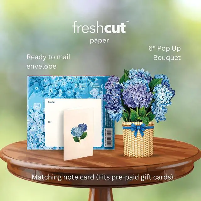 Alt view image 3 of 7 - Freshcut Paper Pop Up Cards, Mini Nantucket Hydrangeas, 6 Inch Mini Sized Forever Flower Bouquet 3D Popup Greeting Cards, Birthday Cards, Thank You Card, Blank Notecard & Envelope
