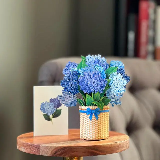 Alt view image 4 of 7 - Freshcut Paper Pop Up Cards, Mini Nantucket Hydrangeas, 6 Inch Mini Sized Forever Flower Bouquet 3D Popup Greeting Cards, Birthday Cards, Thank You Card, Blank Notecard & Envelope