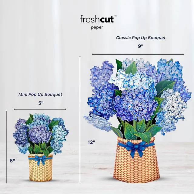 Alt view image 6 of 7 - Freshcut Paper Pop Up Cards, Mini Nantucket Hydrangeas, 6 Inch Mini Sized Forever Flower Bouquet 3D Popup Greeting Cards, Birthday Cards, Thank You Card, Blank Notecard & Envelope