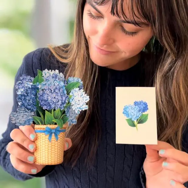 Alt view image 7 of 7 - Freshcut Paper Pop Up Cards, Mini Nantucket Hydrangeas, 6 Inch Mini Sized Forever Flower Bouquet 3D Popup Greeting Cards, Birthday Cards, Thank You Card, Blank Notecard & Envelope