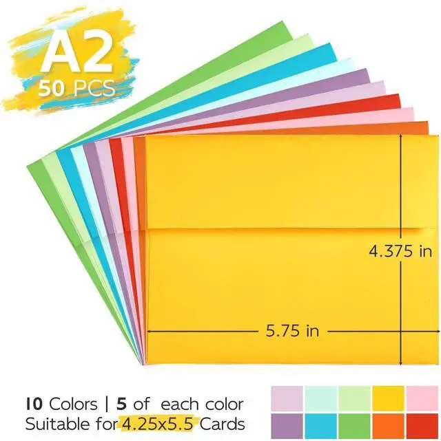 Alt view image 2 of 7 - 50 Pack Goefun A2 Colored Envelopes Self Seal, 4.375 x 5.75 | Invitation Envelopes for 4.25 x 5.5 Cards, Printable for Photos, Invitations, Weddings, Graduation, Baby Shower