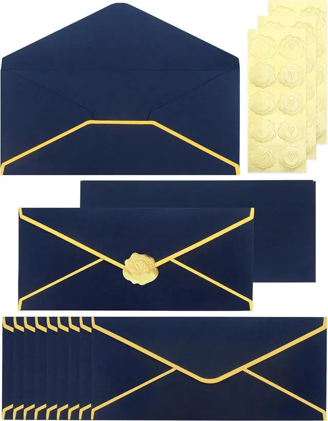 Main image of Business Envelopes with V-Flap,Gold Border 30 Pack #10 Envelopes Made of 150gsm Paper, Standard Envelopes with Gold Stickers for Office, Checks, Letter Mailing,9.45 * 4.13 Inches(Navy Blue)