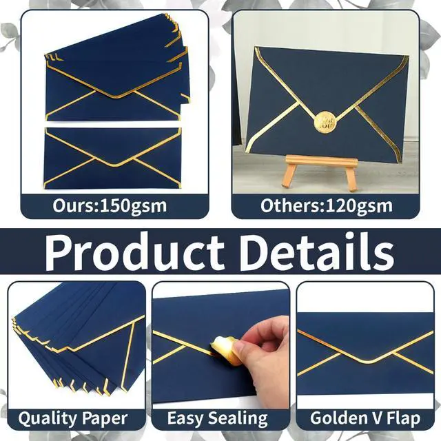Alt view image 3 of 7 - Business Envelopes with V-Flap,Gold Border 30 Pack #10 Envelopes Made of 150gsm Paper, Standard Envelopes with Gold Stickers for Office, Checks, Letter Mailing,9.45 * 4.13 Inches(Navy Blue)