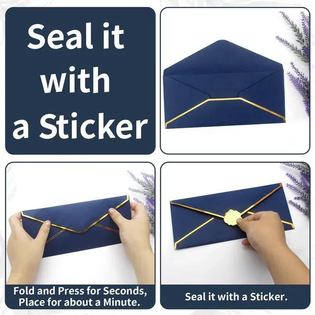 Alt view image 4 of 7 - Business Envelopes with V-Flap,Gold Border 30 Pack #10 Envelopes Made of 150gsm Paper, Standard Envelopes with Gold Stickers for Office, Checks, Letter Mailing,9.45 * 4.13 Inches(Navy Blue)