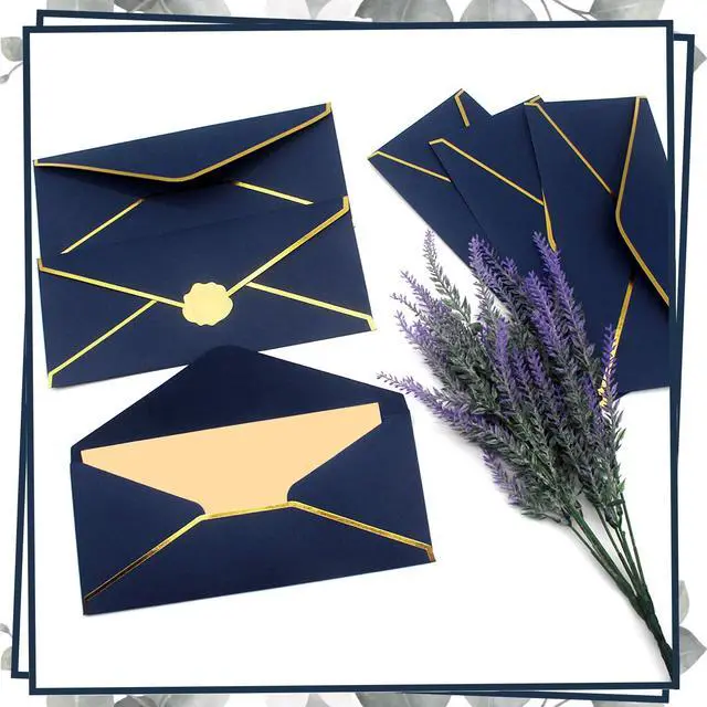 Alt view image 5 of 7 - Business Envelopes with V-Flap,Gold Border 30 Pack #10 Envelopes Made of 150gsm Paper, Standard Envelopes with Gold Stickers for Office, Checks, Letter Mailing,9.45 * 4.13 Inches(Navy Blue)