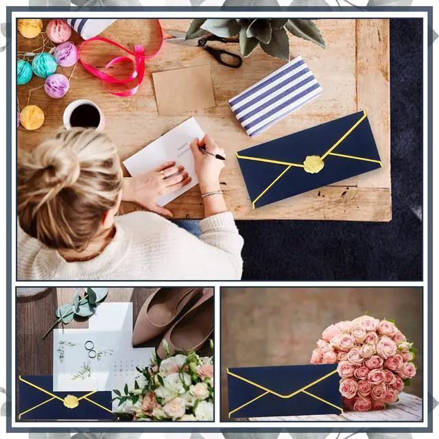 Alt view image 6 of 7 - Business Envelopes with V-Flap,Gold Border 30 Pack #10 Envelopes Made of 150gsm Paper, Standard Envelopes with Gold Stickers for Office, Checks, Letter Mailing,9.45 * 4.13 Inches(Navy Blue)