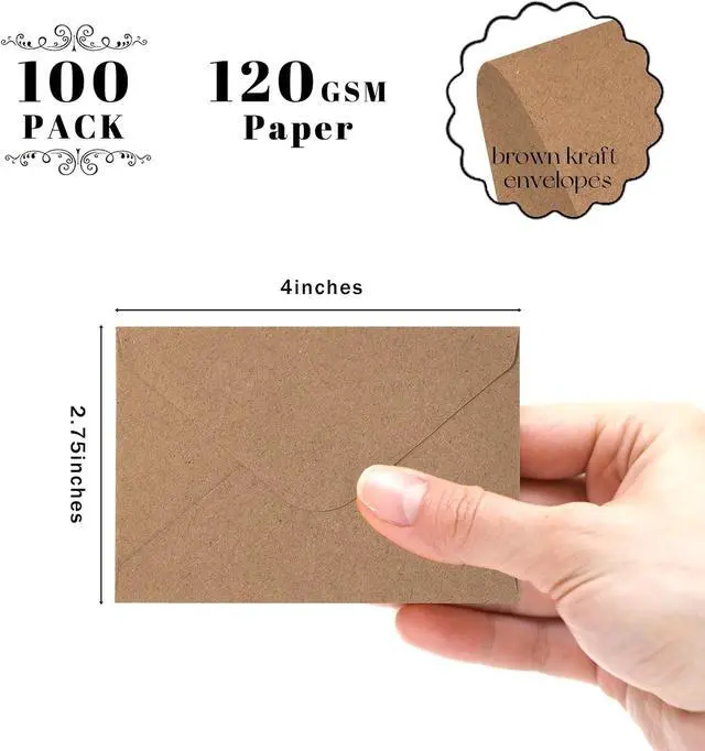 Alt view image 2 of 7 - 100 Pack Goefun Mini Kraft Gift Card Envelopes 4 x 2.75 Inches | 120 GSM Brown Kraft Small Envelopes for Business Cards, Greeting Notes, Birthday, Wedding, and All Ocassions