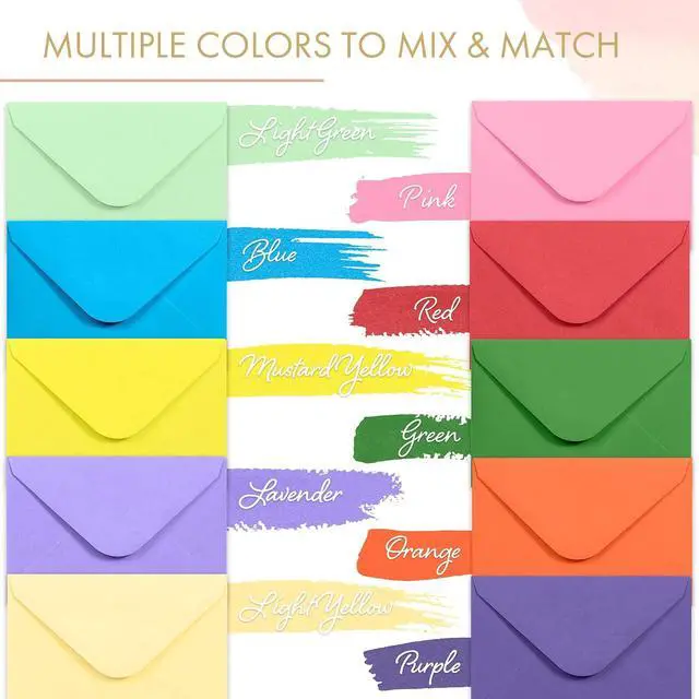 Alt view image 3 of 7 - Gift Card Envelopes - Gummed 100-Count Mini Envelopes, Paper Business Card Envelopes, Bulk Tiny Envelope Pockets for Small Note Cards, 10 Colors, 4 x 2.7 Inches