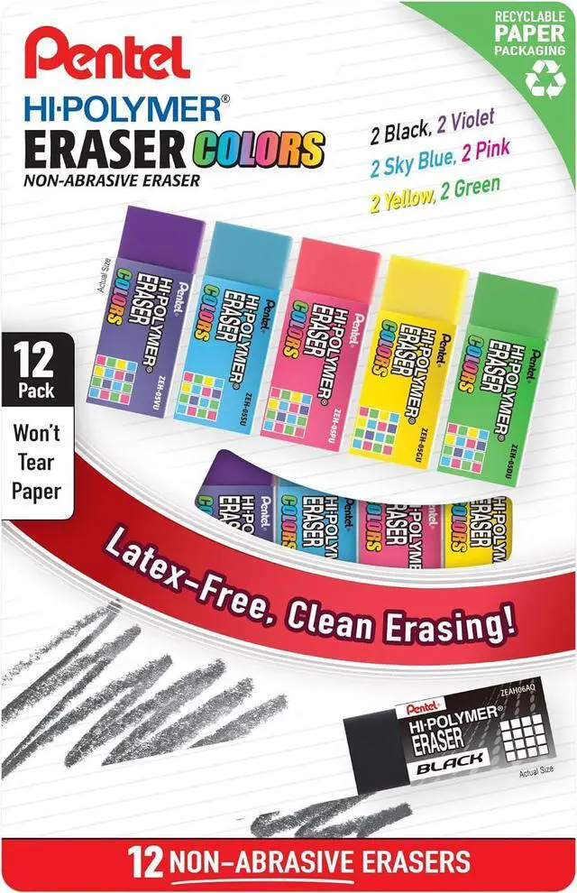 Main image of Pentel Hi-Polymer Block Eraser Colors Small, Assorted Colors, 12 Count (ZEH05CRPF12M)