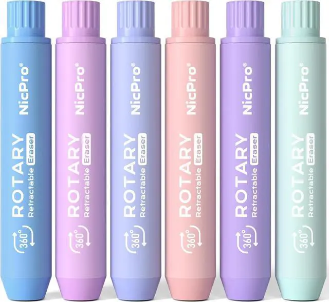 Main image of Nicpro 6 Pack Rotary Retractable Erasers, Soft TPE Rubber Twist Eraser | Large Pencil Erasers in Cute Macaron Colors, Clean-Erasing Eraser for Kids & Students, School Office Supplies Stationary Set