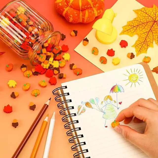 Alt view image 3 of 6 - JUNEBRUSHS 150Pcs Fall Mini Erasers, Cute Thanksgiving Erasers Bulk | Mini Erasers for Maple Leaf, Novelty Pencil Erasers Stationery for Classroom Prizes, Homework Rewards, Gifts Party Favors
