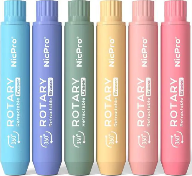 Main image of Nicpro 6 Pack Rotary Retractable Erasers, Soft TPE Twist Eraser-Rainbow | Cute Eraser, Clean Erasing Large Pencil Eraser for Students Kids, School Supplies, Office, Stationary, Drawing & Journaling