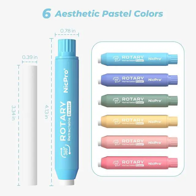 Alt view image 2 of 7 - Nicpro 6 Pack Rotary Retractable Erasers, Soft TPE Twist Eraser-Rainbow | Cute Eraser, Clean Erasing Large Pencil Eraser for Students Kids, School Supplies, Office, Stationary, Drawing & Journaling