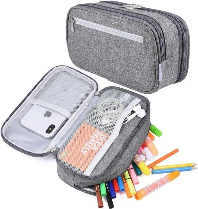 Main image of Large Capacity Pencil Case Big Pencil Bag Pouch High Storage Pen Pencil Holder Marker Portable Office Stationery Desk Organizer Makeup Bag Adults, Gray