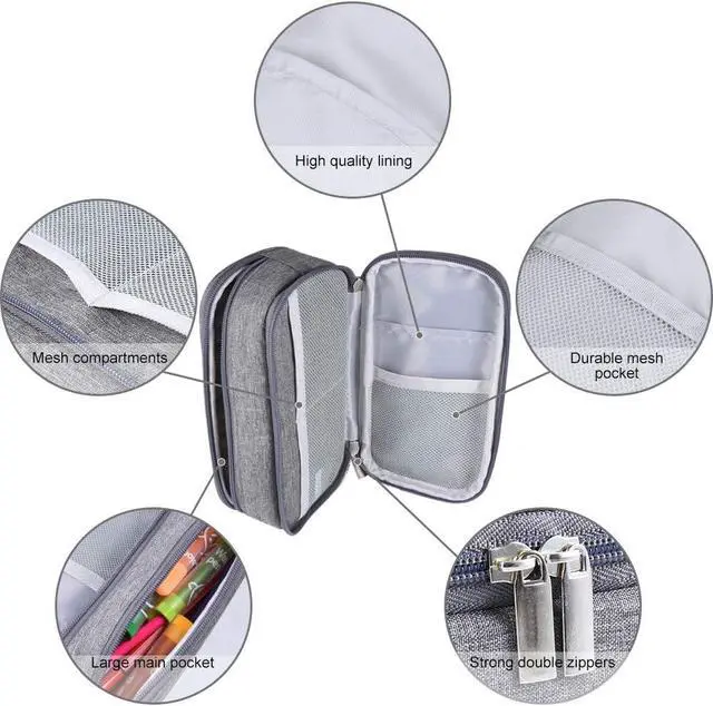 Alt view image 3 of 7 - Large Capacity Pencil Case Big Pencil Bag Pouch High Storage Pen Pencil Holder Marker Portable Office Stationery Desk Organizer Makeup Bag Adults, Gray