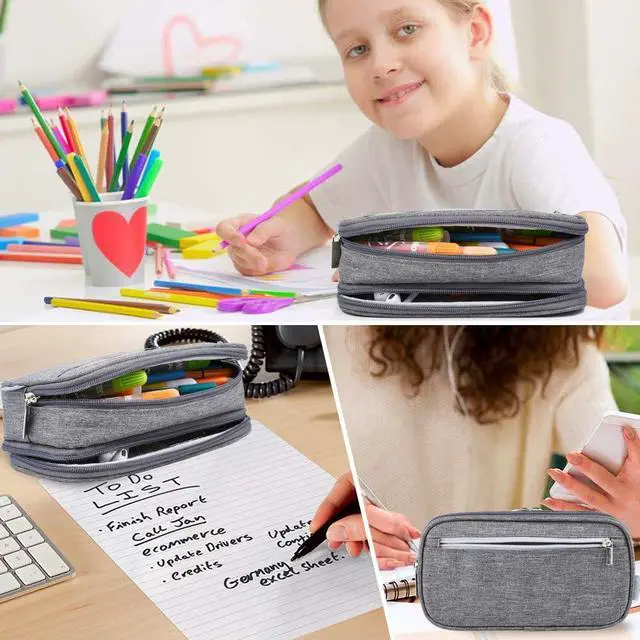 Alt view image 7 of 7 - Large Capacity Pencil Case Big Pencil Bag Pouch High Storage Pen Pencil Holder Marker Portable Office Stationery Desk Organizer Makeup Bag Adults, Gray