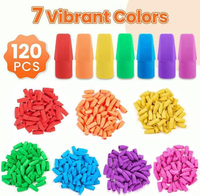 Alt view image 3 of 7 - Sooez Erasers, 120 Pack Pencil Top Erasers, Cap Eraser Toppers Bulk 7-Color | Erasers Tops, Latex-Free, No-Smudge, Classroom Must Haves, Back To School Supplies, Teacher Essentials, Party Favor Prizes