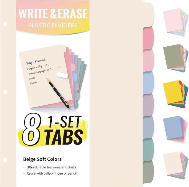 Main image of Sooez 8 Tabs Plastic Write & Erase Binder Dividers with Tabs, 1 Set | Long-Lasting Dividers for 3 Ring Binder, Cute Pastels Binder Dividers Organizers for Student, Teacher, Office, Beige Color