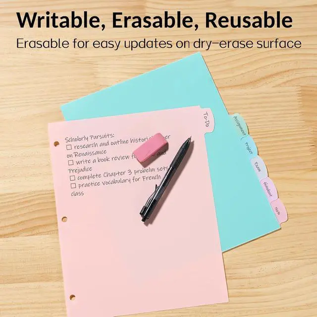 Alt view image 3 of 7 - Sooez 8 Tabs Plastic Write & Erase Binder Dividers with Tabs, 1 Set | Long-Lasting Dividers for 3 Ring Binder, Cute Pastels Binder Dividers Organizers for Student, Teacher, Office, Beige Color
