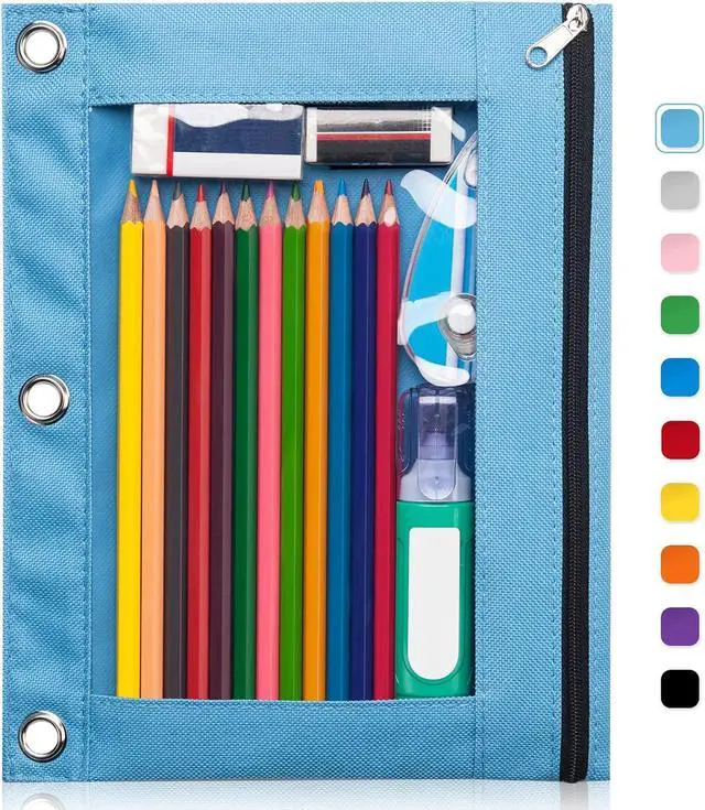 Main image of Forvencer 3 Ring Binder Pencil Pouch - Clear Window Pencil Case with Binder | Smooth Zipper, Big Capacity Pencil Bag with 3 Reinforced Grommets, Sky Blue
