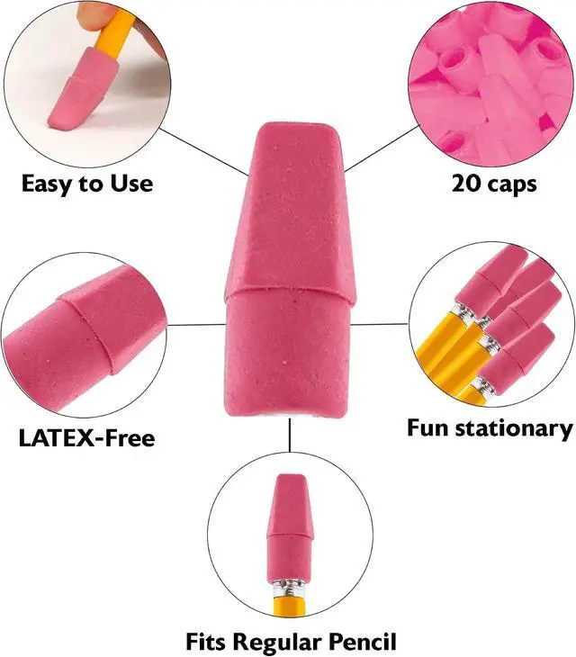 Alt view image 4 of 7 - BAZIC Products Pink Pencil-Top Eraser Caps, 20 Count, 2-Pack | Latex-free, PVC-free, Non-abrasive, Slide onto standard pencils, School, Classroom, 20 Co, Bulk pack