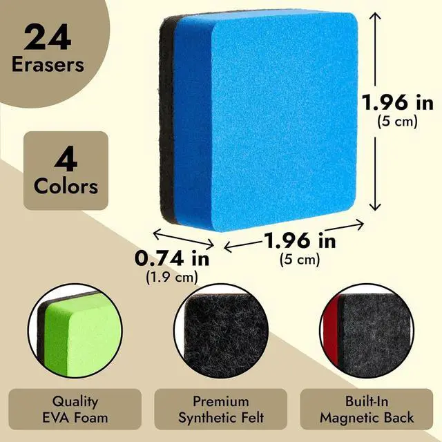 Alt view image 4 of 7 - Juvale 24-Pack Square Magnetic Mini Dry Erase Erasers - 2 x 0.8 in & 4 Colors - Magnetic Whiteboard Erasers - School Supplies & Classroom Must Haves