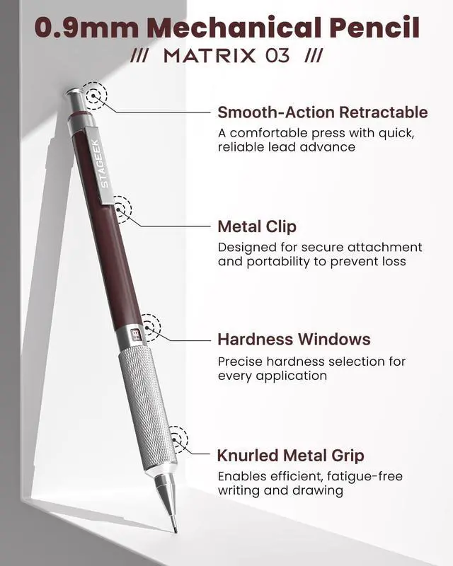 Alt view image 2 of 7 - STAGEEK 0.9mm Mechanical Pencil, Drawing Pencil, with Eraser, 40 HB Leads | Professional Metal Art & Drafting Pencil, for Artists, Students, School, Office, Writing, Sketching, Brown