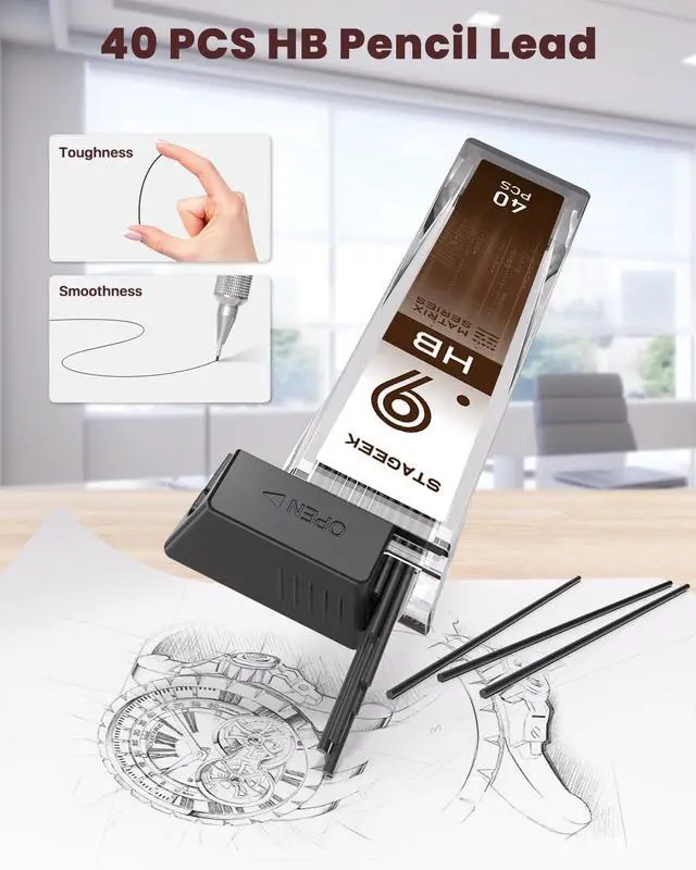 Alt view image 6 of 7 - STAGEEK 0.9mm Mechanical Pencil, Drawing Pencil, with Eraser, 40 HB Leads | Professional Metal Art & Drafting Pencil, for Artists, Students, School, Office, Writing, Sketching, Brown