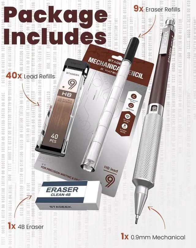 Alt view image 7 of 7 - STAGEEK 0.9mm Mechanical Pencil, Drawing Pencil, with Eraser, 40 HB Leads | Professional Metal Art & Drafting Pencil, for Artists, Students, School, Office, Writing, Sketching, Brown