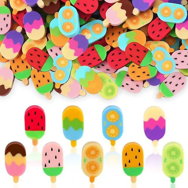 Main image of JUNEBRUSHS 150Pcs Ice Cream Mini Erasers for Bulk, Cute Fruit Shaped Pencil Erasers for School Classroom Prizes Homework Rewards Gifts Party Favors