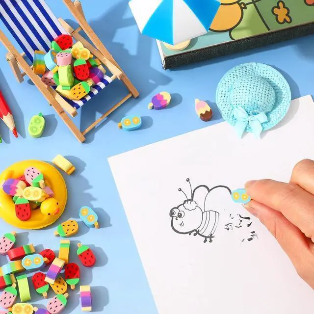 Alt view image 3 of 7 - JUNEBRUSHS 150Pcs Ice Cream Mini Erasers for Bulk, Cute Fruit Shaped Pencil Erasers for School Classroom Prizes Homework Rewards Gifts Party Favors