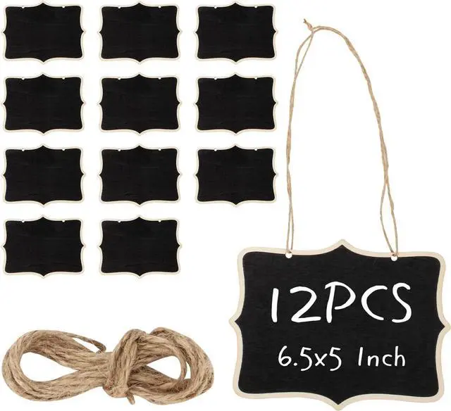 Main image of 12 Pcs Mini Wooden Chalkboard Signs for Message Board Signs, Mini Chalkboards Hanging Price Tags with String, 6.5x5 Inch Rectangle Chalkboards Message Board Hanging Signs for Party Buffet Food