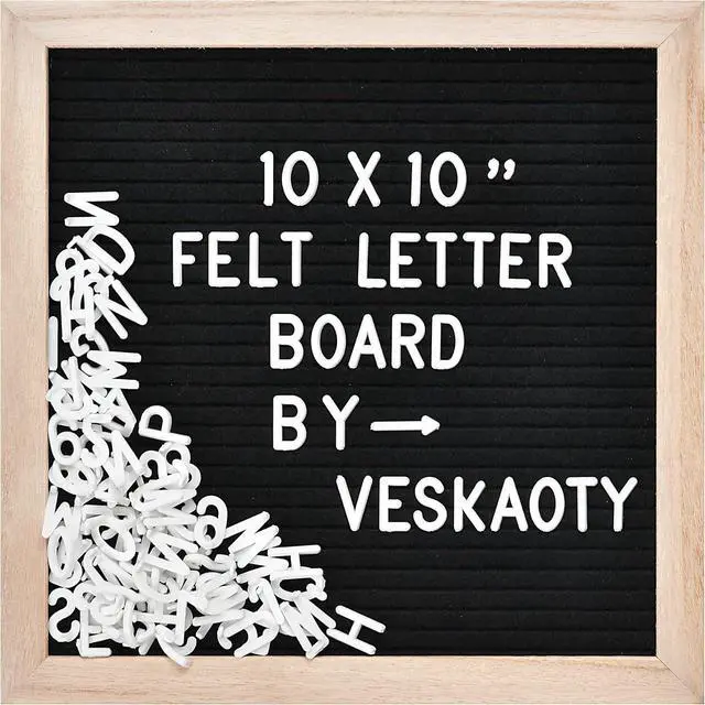 Main image of Veskaoty Felt Letter Board with 294 Letters, 10 x 10 Inch, Black & Wood | Changeable Message Board, Wooden Frame, Wall Mount, Numbers, Symbols, Baby Pregnancy Announcement Sign, Classroom Decor