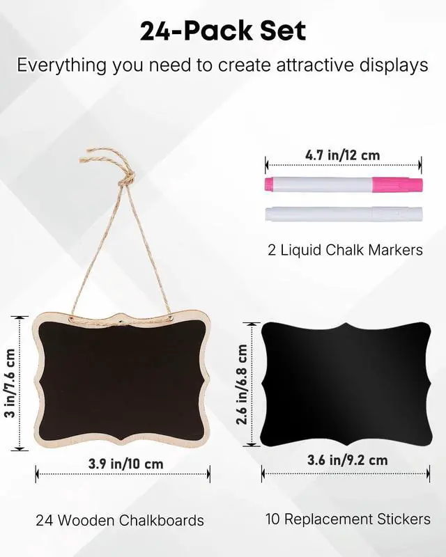 Alt view image 2 of 7 - Uniclife 24 Pack Mini Chalkboard Signs for Food, Small Chalkboard Signs with Strings Chalk Markers & Replacement Stickers, Hanging Chalkboards Sign Reusable Wooden Food Labels for Party Buffet Wedding