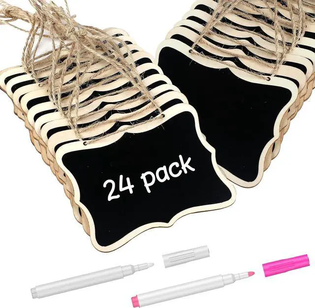 Main image of Uniclife 24 Pack Mini Chalkboard Signs for Food, Small Chalkboard Signs with Strings Chalk Markers & Replacement Stickers, Hanging Chalkboards Sign Reusable Wooden Food Labels for Party Buffet Wedding