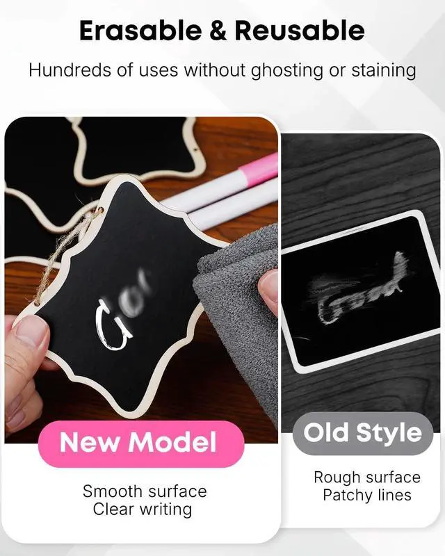 Alt view image 4 of 7 - Uniclife 24 Pack Mini Chalkboard Signs for Food, Small Chalkboard Signs with Strings Chalk Markers & Replacement Stickers, Hanging Chalkboards Sign Reusable Wooden Food Labels for Party Buffet Wedding