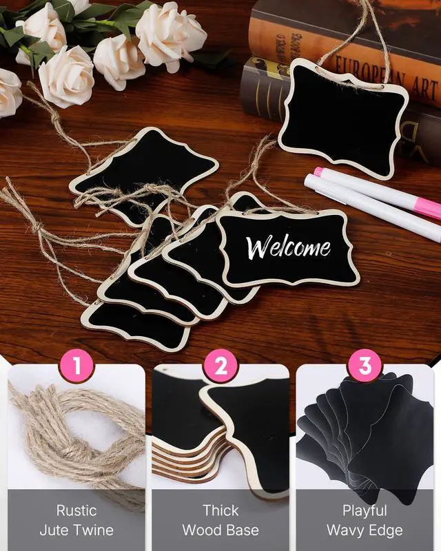 Alt view image 3 of 7 - Uniclife 24 Pack Mini Chalkboard Signs for Food, Small Chalkboard Signs with Strings Chalk Markers & Replacement Stickers, Hanging Chalkboards Sign Reusable Wooden Food Labels for Party Buffet Wedding