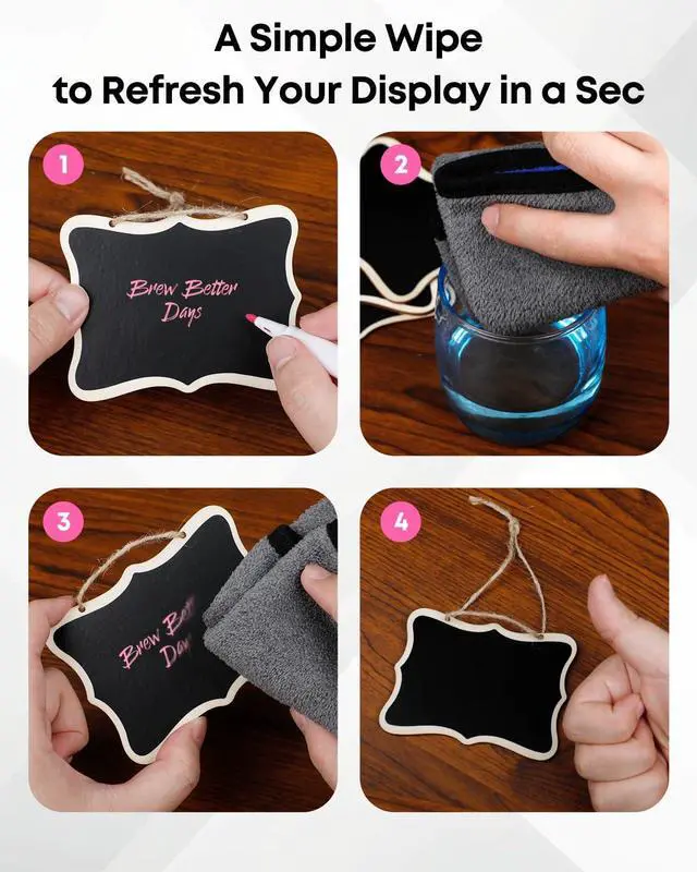 Alt view image 5 of 7 - Uniclife 24 Pack Mini Chalkboard Signs for Food, Small Chalkboard Signs with Strings Chalk Markers & Replacement Stickers, Hanging Chalkboards Sign Reusable Wooden Food Labels for Party Buffet Wedding