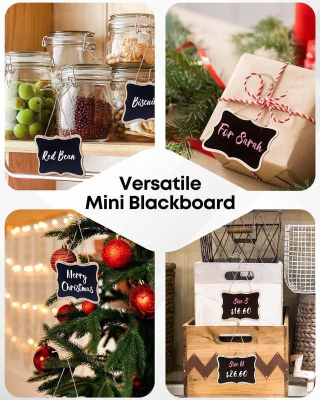 Alt view image 6 of 7 - Uniclife 24 Pack Mini Chalkboard Signs for Food, Small Chalkboard Signs with Strings Chalk Markers & Replacement Stickers, Hanging Chalkboards Sign Reusable Wooden Food Labels for Party Buffet Wedding