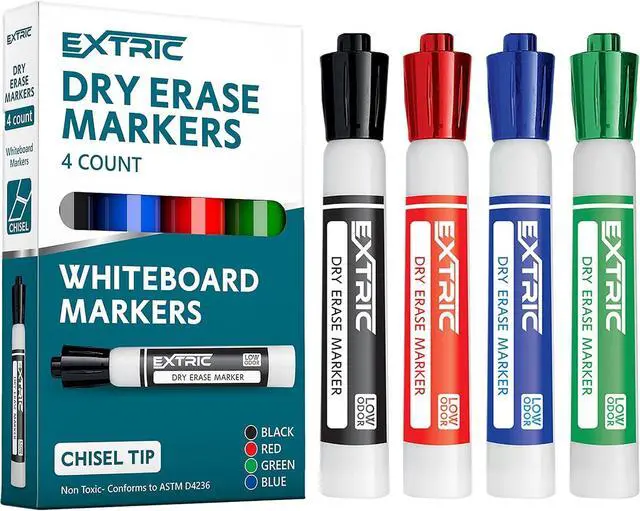 Main image of EXTRIC Dry Erase Markers 4 Whiteboard Markers Chisel Tip Bulk, Teachers | Use- White boards, Glass and Calendars, Tip Style- Chisel tip, Quantity- 4 Pack, Feature- Low-Odor and Non-Toxic Ink
