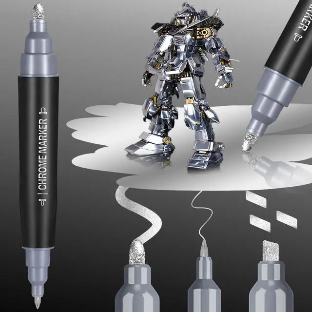 Main image of 1PK Dual Tip Liquid Chrome Paint Marker, Mirror Chrome Pen | 1mm & 2-5mm Reversible Tips Permanent Metallic High Gloss Marker for Metal, Plastic, Fabric, Model, Touch-Up & Repair Kit