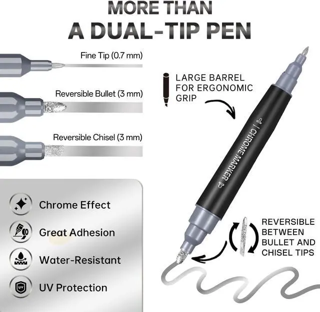 Alt view image 2 of 6 - 1PK Dual Tip Liquid Chrome Paint Marker, Mirror Chrome Pen | 1mm & 2-5mm Reversible Tips Permanent Metallic High Gloss Marker for Metal, Plastic, Fabric, Model, Touch-Up & Repair Kit