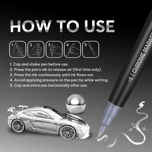 Alt view image 3 of 6 - 1PK Dual Tip Liquid Chrome Paint Marker, Mirror Chrome Pen | 1mm & 2-5mm Reversible Tips Permanent Metallic High Gloss Marker for Metal, Plastic, Fabric, Model, Touch-Up & Repair Kit