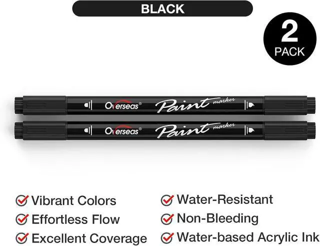 Alt view image 2 of 6 - Overseas 2 Black Acrylic Paint Markers, Dual Tip Paint Pens Acrylic Marker | Dot & Brush Tip, No Bleed, Waterproof, Great Coverage, Water Based Marker for Canvas, Rock, Wood, Plastic, Glass, Metal
