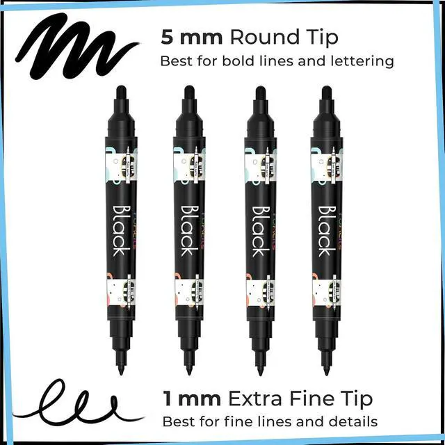 Alt view image 2 of 7 - 4 Black Acrylic Paint Marker Pens, Dual Fine Tip & Medium Point | Black Fabric Marker & Acrylic Pens for Wood, Rock Painting, Canvas, Plastic, Glass, Tire and Shoes - for Kids & Adults