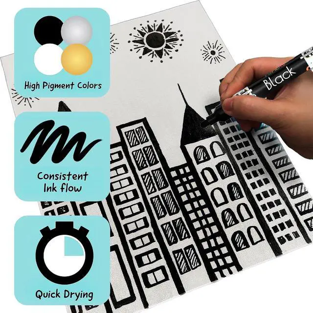 Alt view image 4 of 7 - 4 Black Acrylic Paint Marker Pens, Dual Fine Tip & Medium Point | Black Fabric Marker & Acrylic Pens for Wood, Rock Painting, Canvas, Plastic, Glass, Tire and Shoes - for Kids & Adults