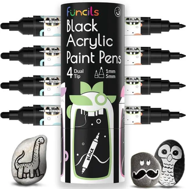 Main image of 4 Black Acrylic Paint Marker Pens, Dual Fine Tip & Medium Point | Black Fabric Marker & Acrylic Pens for Wood, Rock Painting, Canvas, Plastic, Glass, Tire and Shoes - for Kids & Adults