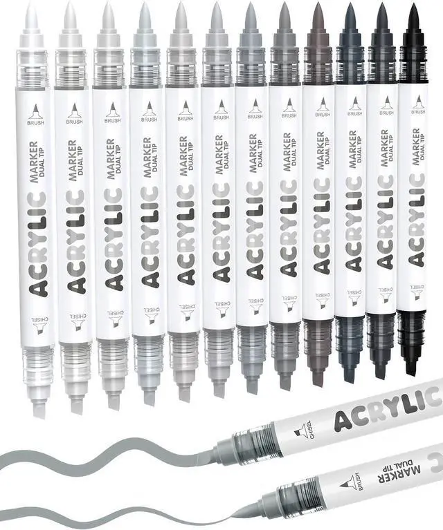Main image of Guangna 12 Grey Dual Tip Acrylic Paint Markers, Brush Tip & Chisel Tip Acrylic Paint Pens for Rock, Wood, Glass, Paper, Coloring Book, Ceramic, Canvas, Water-Based Ink